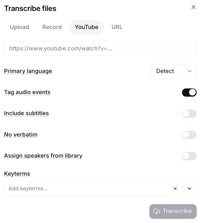 YouTube transcription interface with options for language detection, tagging, and subtitles.. Transcribe a YouTube video interface with ElevenLabs