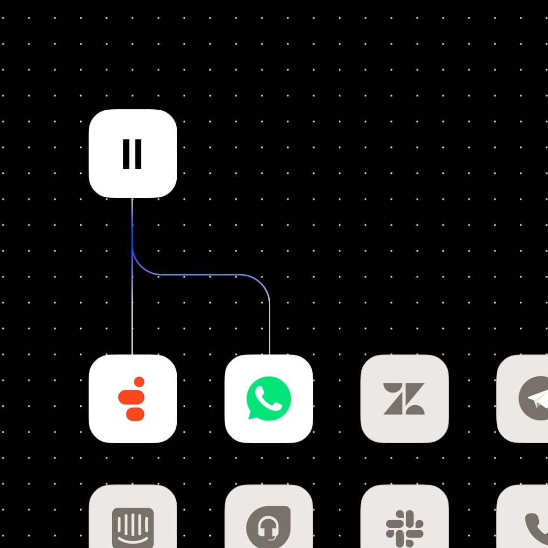 Flowchart showing integration of a paused process with WhatsApp and another app.