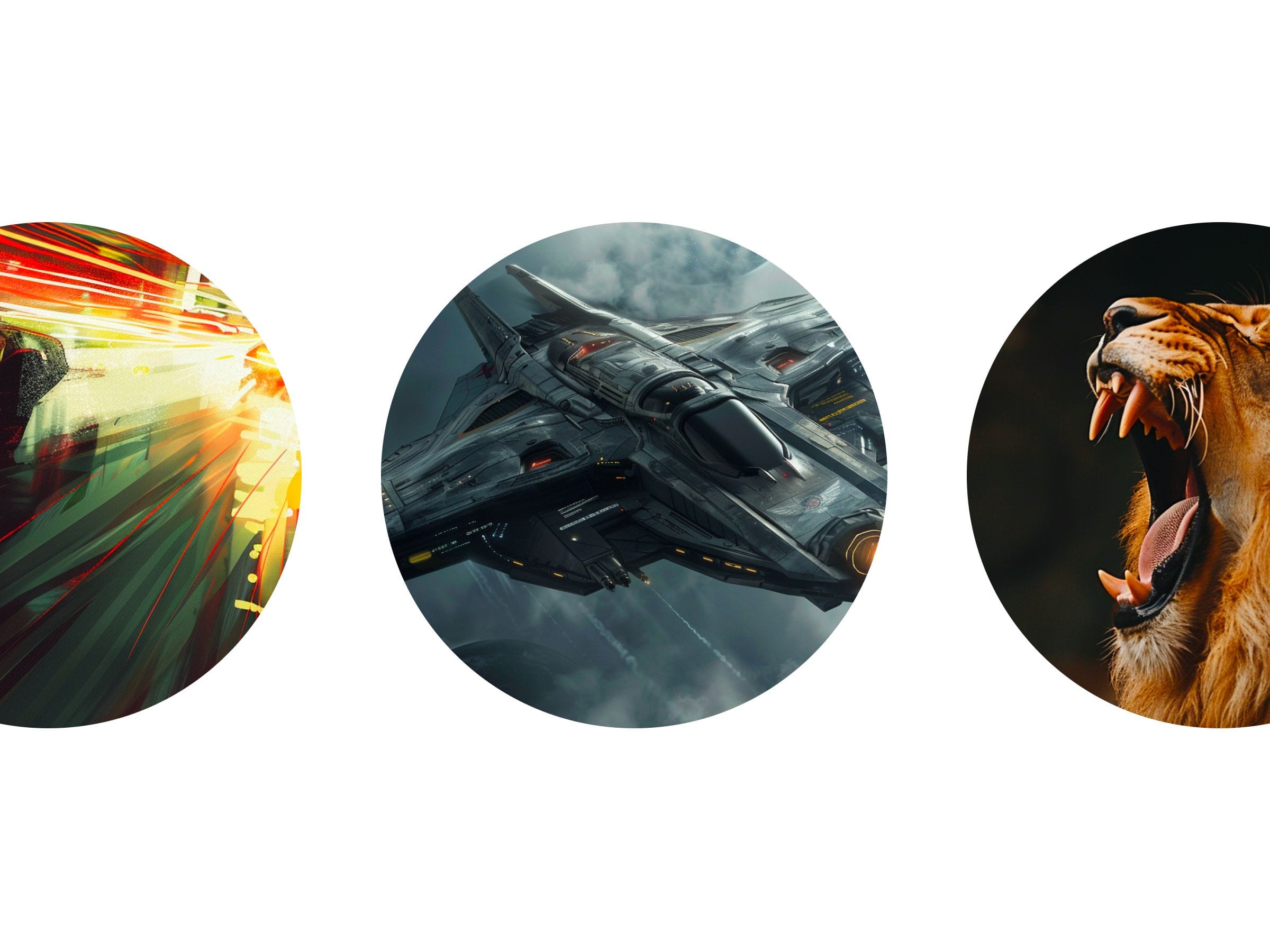 A futuristic spaceship, a roaring lion, and a colorful abstract design.