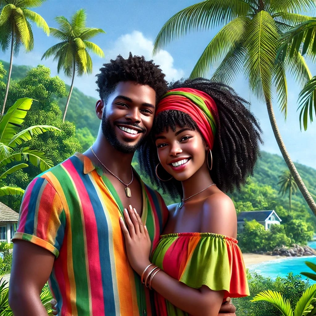 A smiling couple in colorful tropical clothing standing on a beach with palm trees and lush greenery in the background.