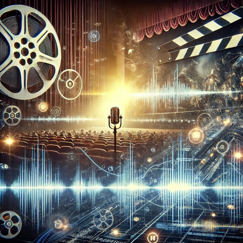 A stage with a vintage microphone, film reels, and digital sound waves, illuminated by a bright spotlight.