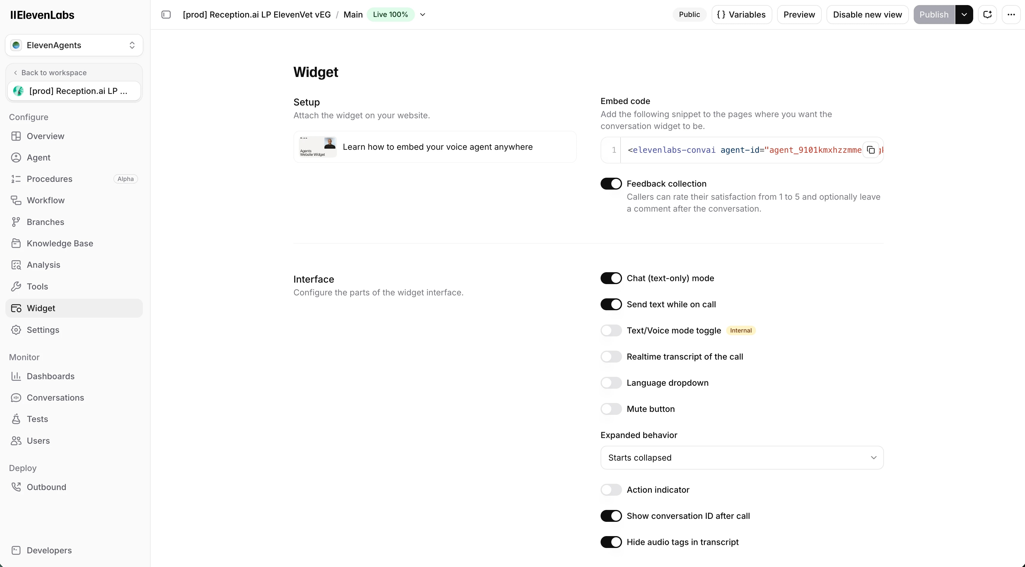 Widget configuration page in ElevenLabs showing embed code and interface settings.