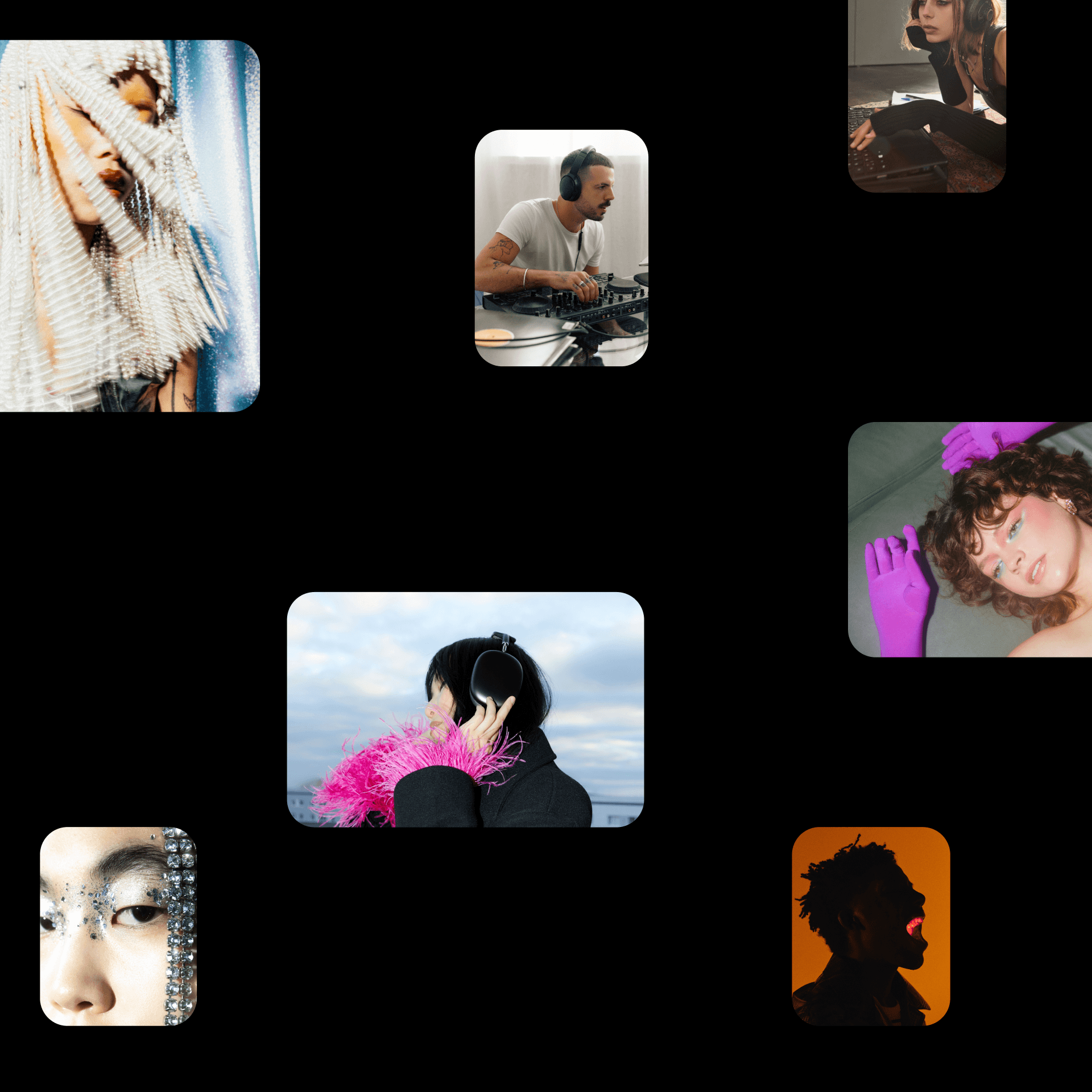 Collage of diverse people with headphones and artistic expression.