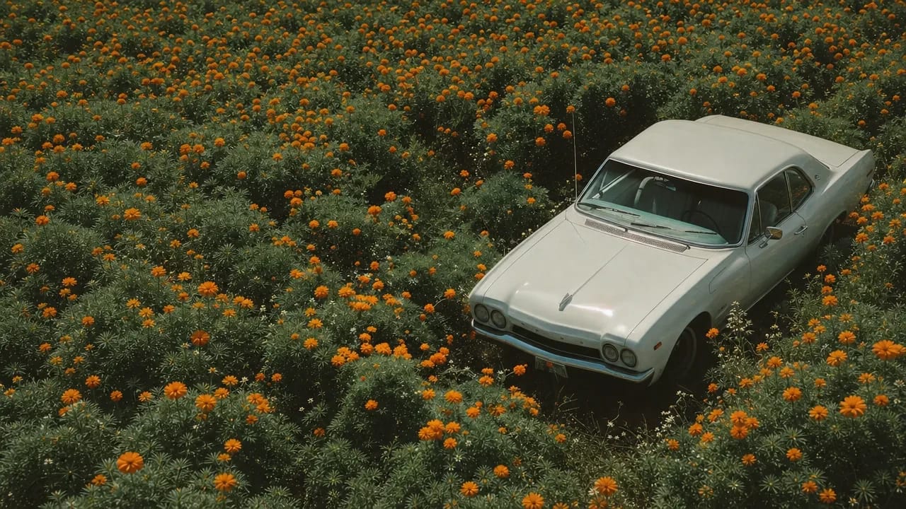 A vintage cream car parked in a field of orange marigolds