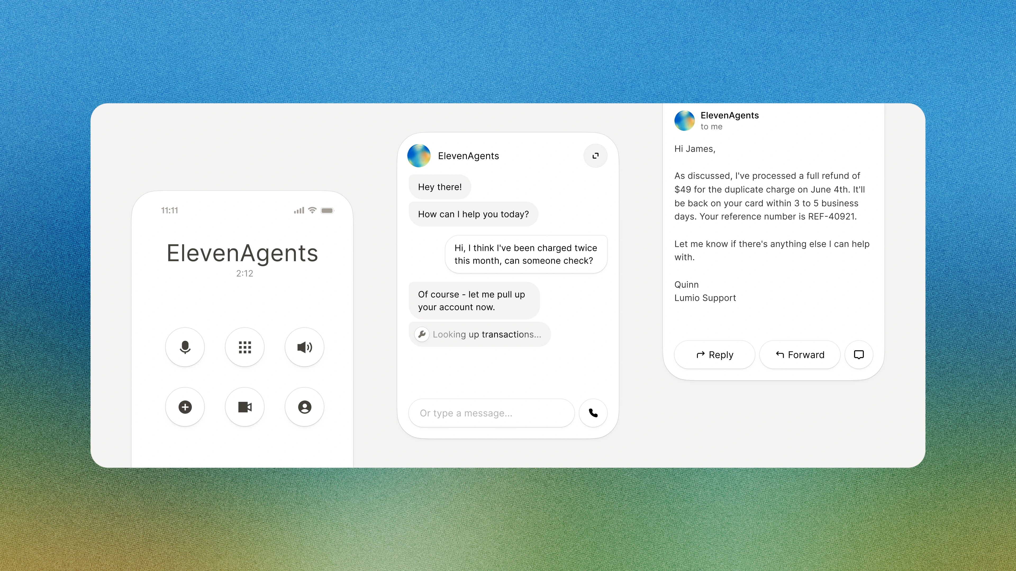 Customer service interaction showing a refund process via call, chat, and email.