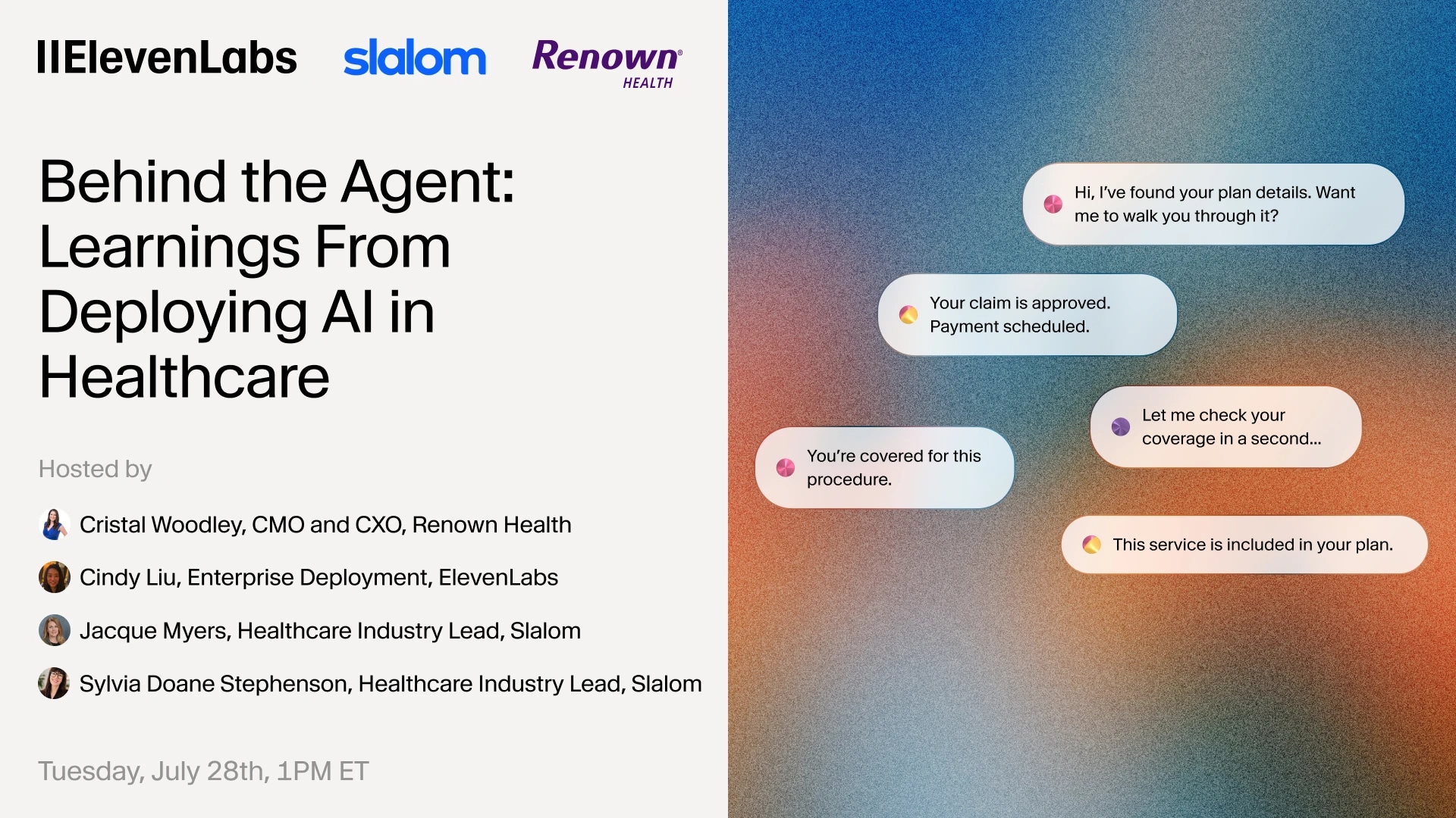 Event titled "Behind the Agent: Learnings From Deploying AI in Healthcare" with host details.
