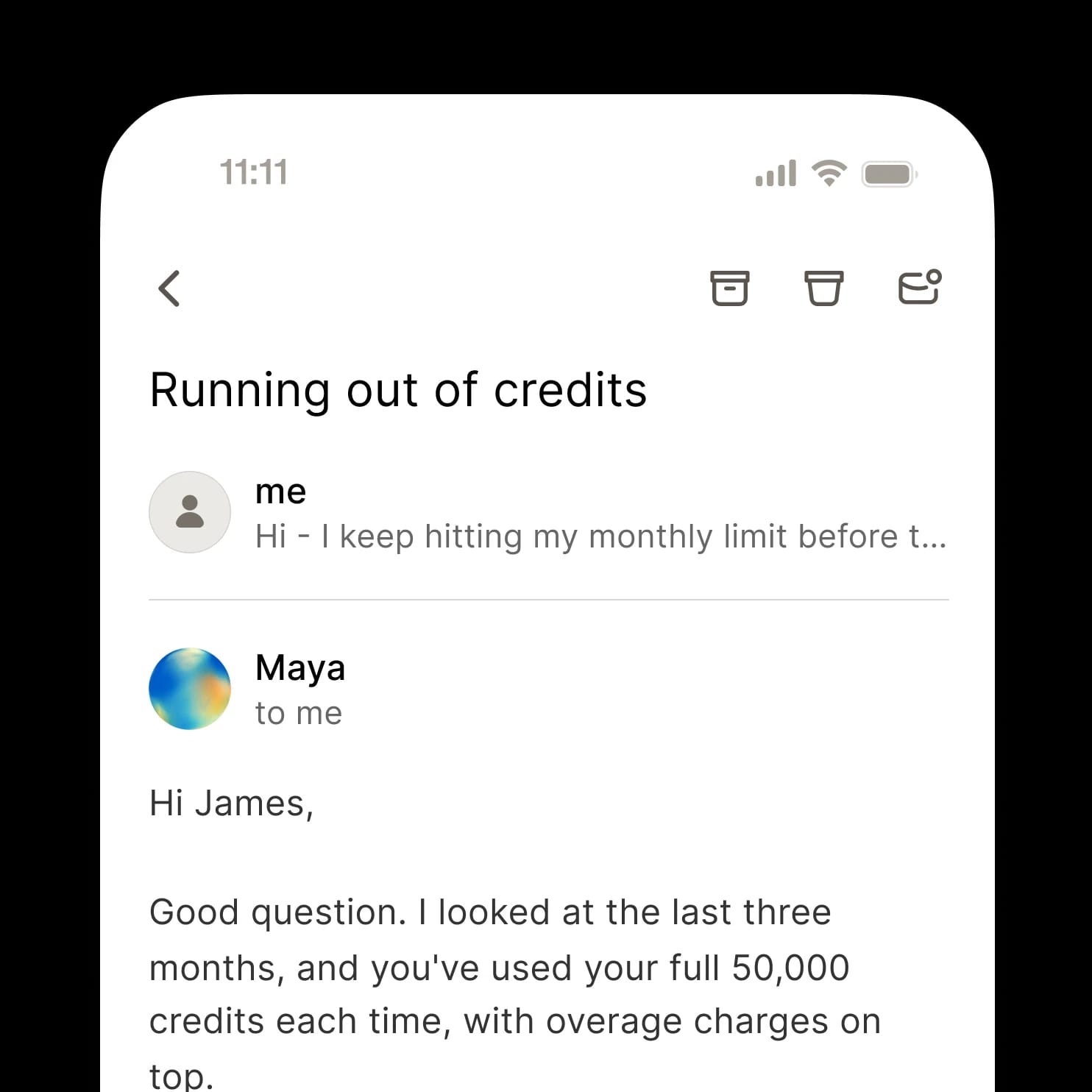 Email thread about user exceeding monthly credit limit of 50,000 with additional charges.