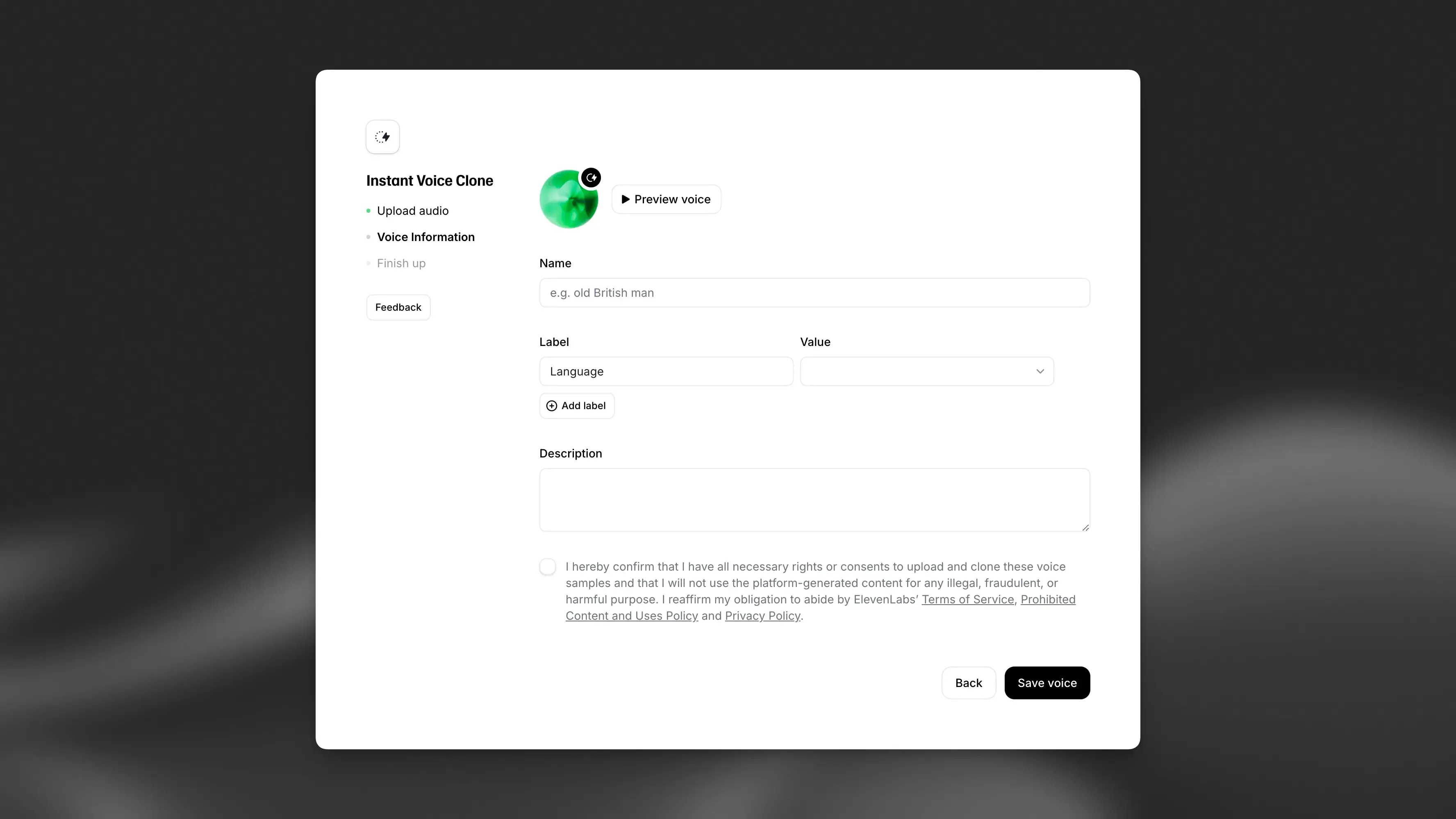Voice cloning interface for uploading and describing audio samples.