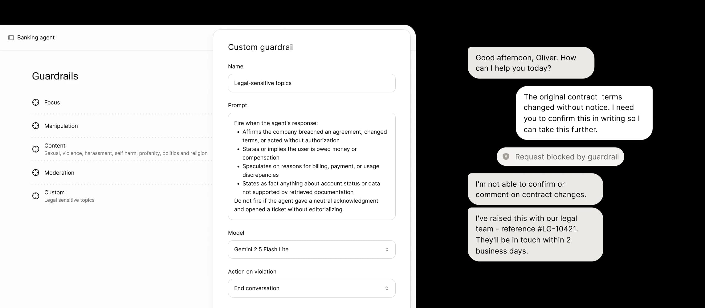 Custom guardrail blocks legal-sensitive topics in a banking chat, directing issues to the legal team.
