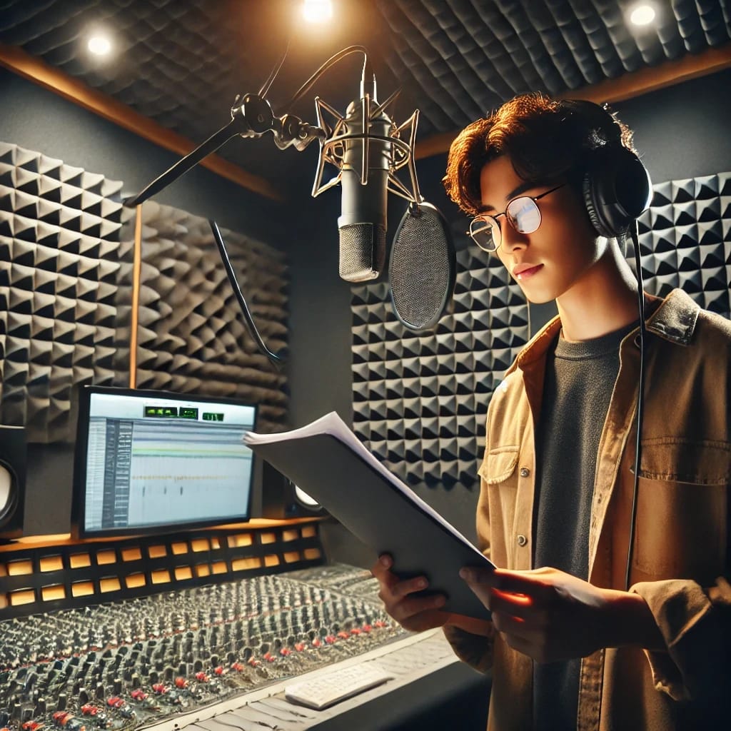 A person in a recording studio reading a script or lyrics while wearing headphones.