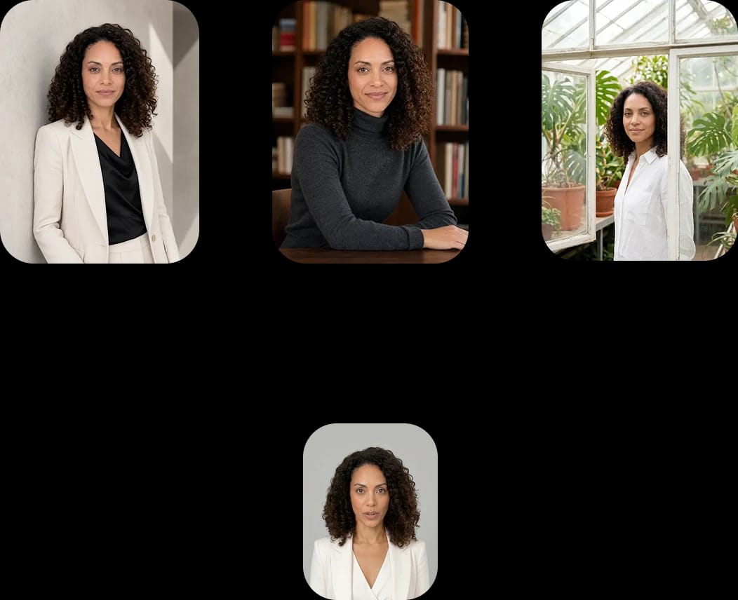 A person with curly hair in various settings: office, library, greenhouse, neutral background.