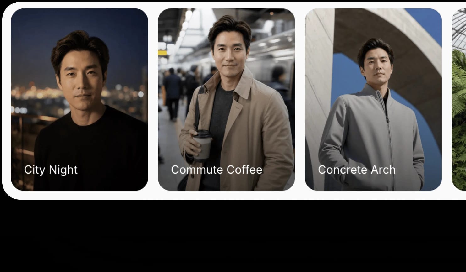 Three photos labeled "City Night," "Commute Coffee," and "Concrete Arch" featuring a man outdoors.