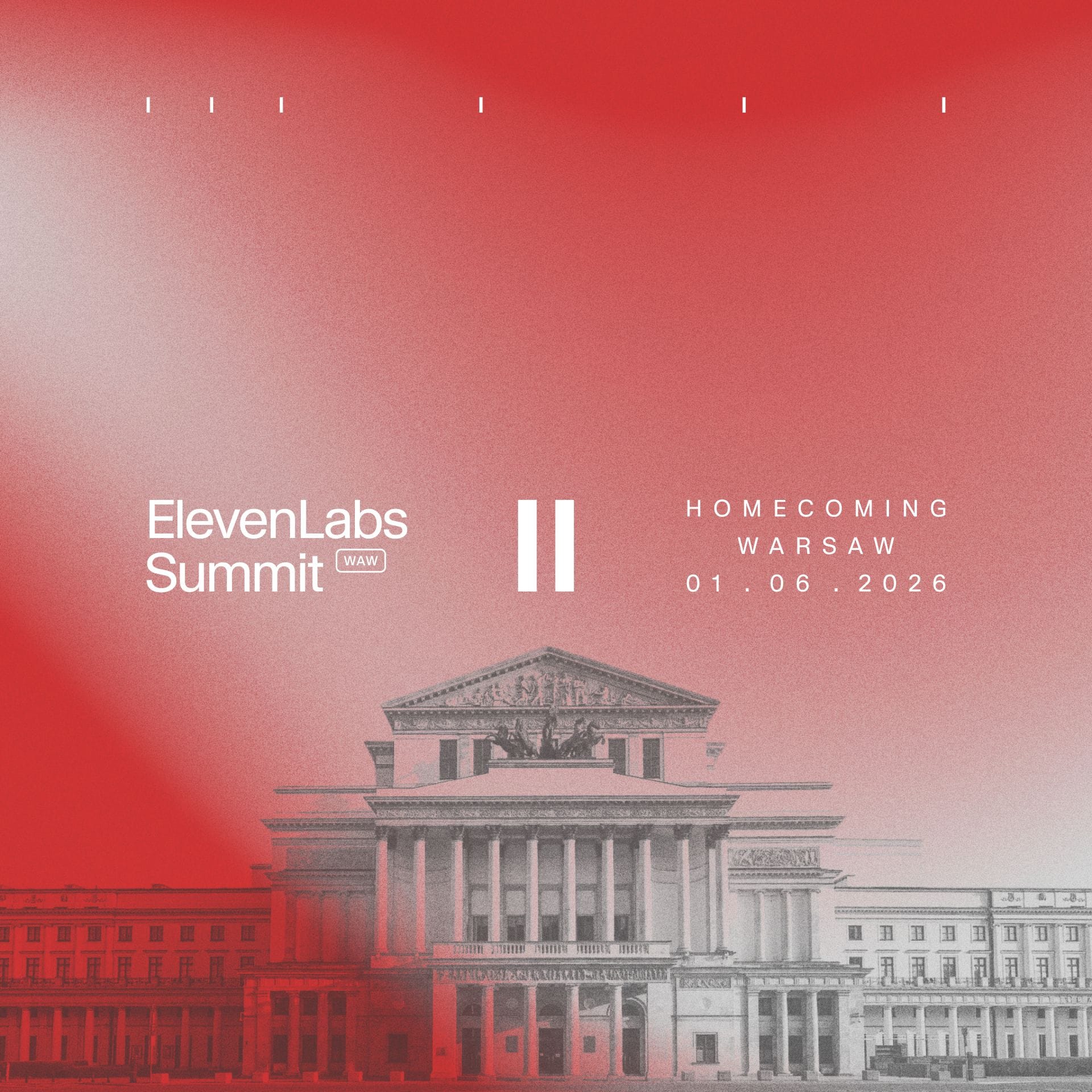 ElevenLabs Summit 2026, Homecoming, Warsaw, with a historic building backdrop in red gradient.
