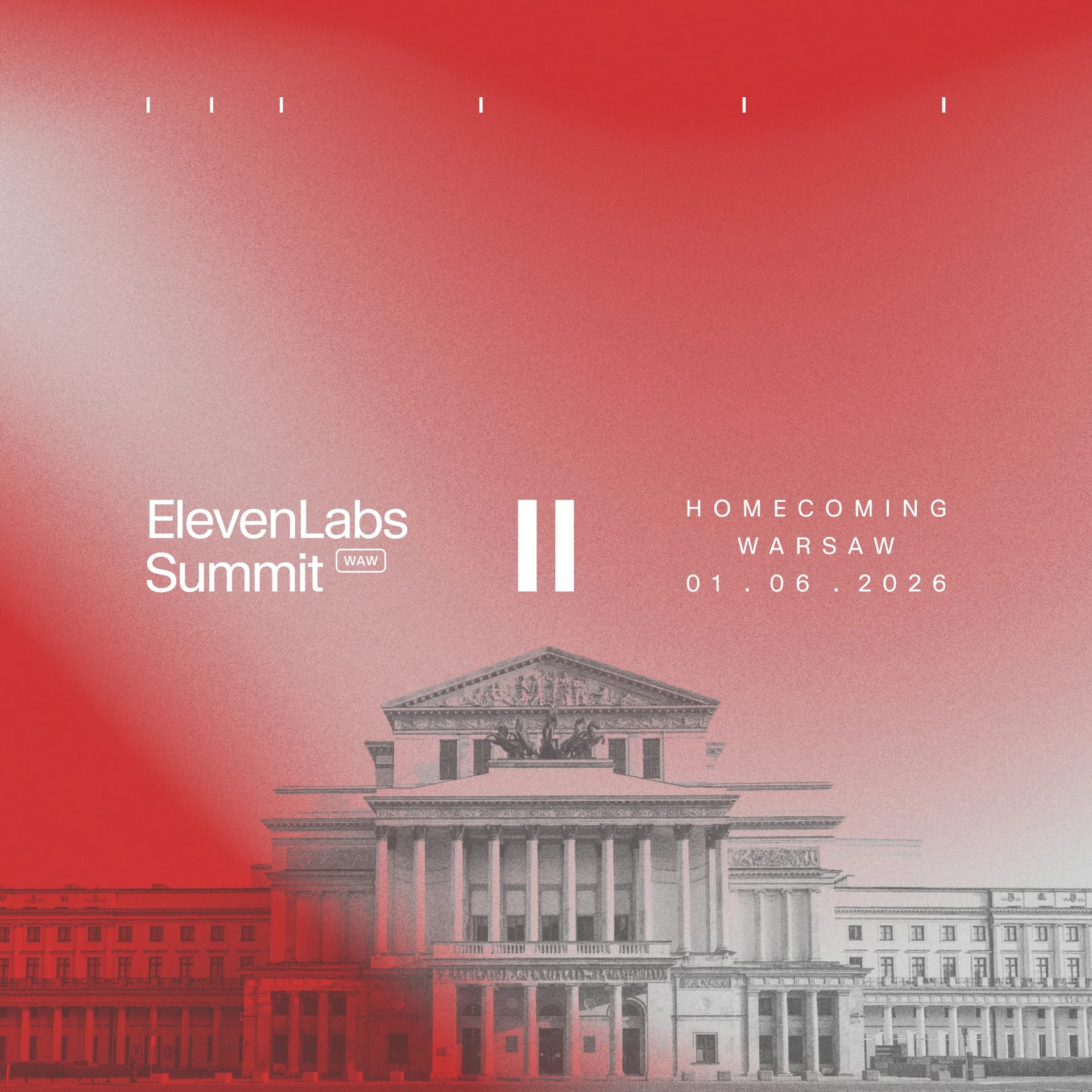 ElevenLabs Summit 2026, Homecoming, Warsaw, with a historic building backdrop in red gradient.