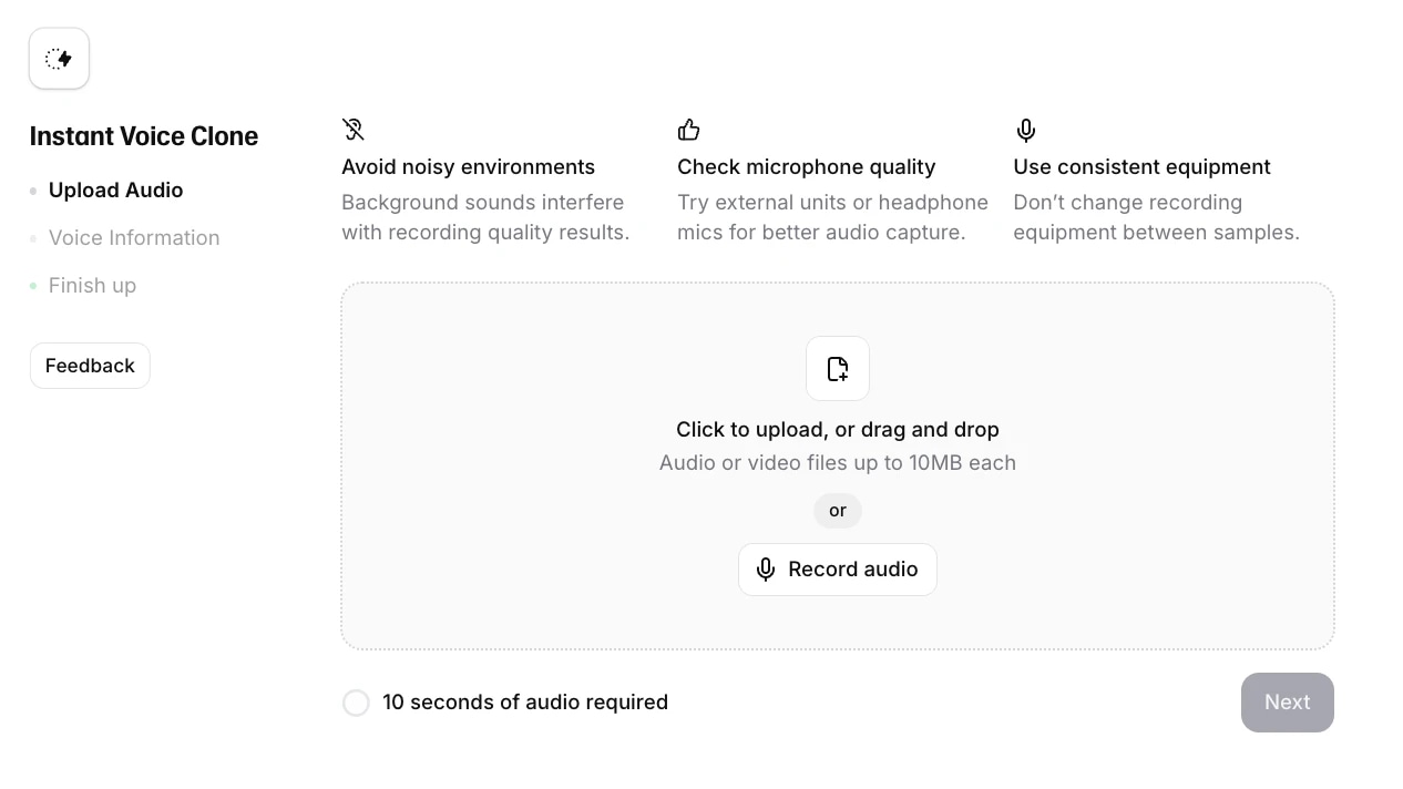 Voice cloning interface for uploading or recording audio, emphasizing quality and consistency.