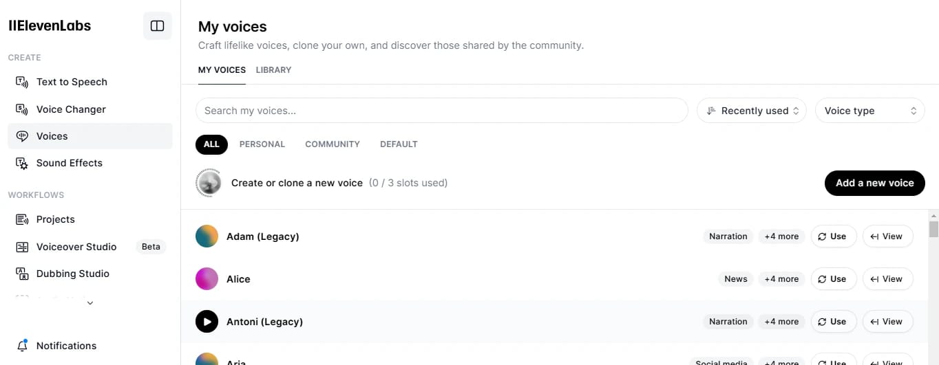 Screenshot of the ElevenLabs voice creation interface showing a list of saved voices, including Adam, Alice, and Antoni, with options to use or view each voice.
