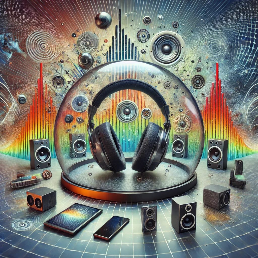 A pair of headphones inside a glass dome surrounded by speakers, with colorful sound wave visuals in the background.