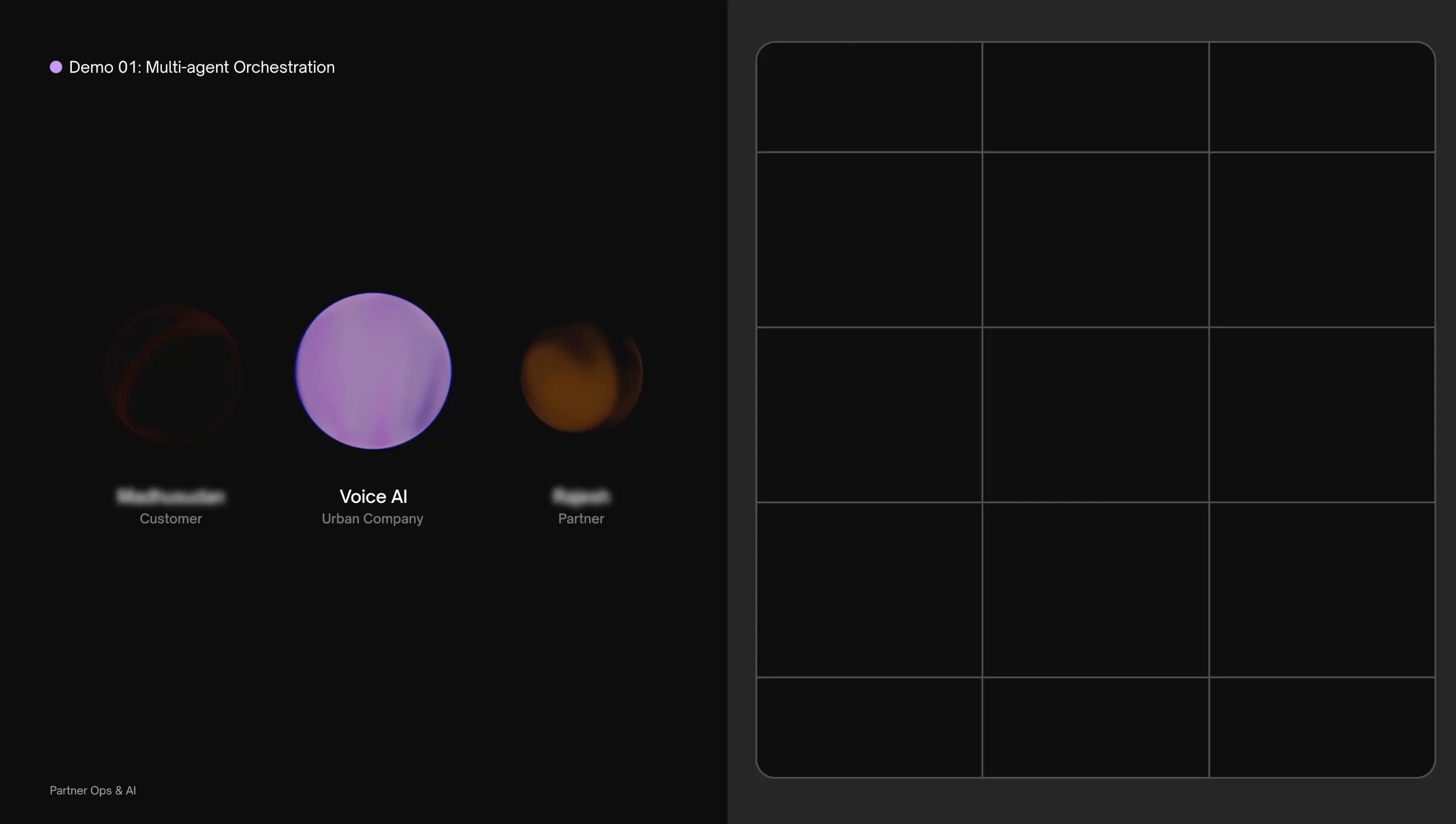 Multi-agent orchestration demo interface with Voice AI focus and partner interaction.