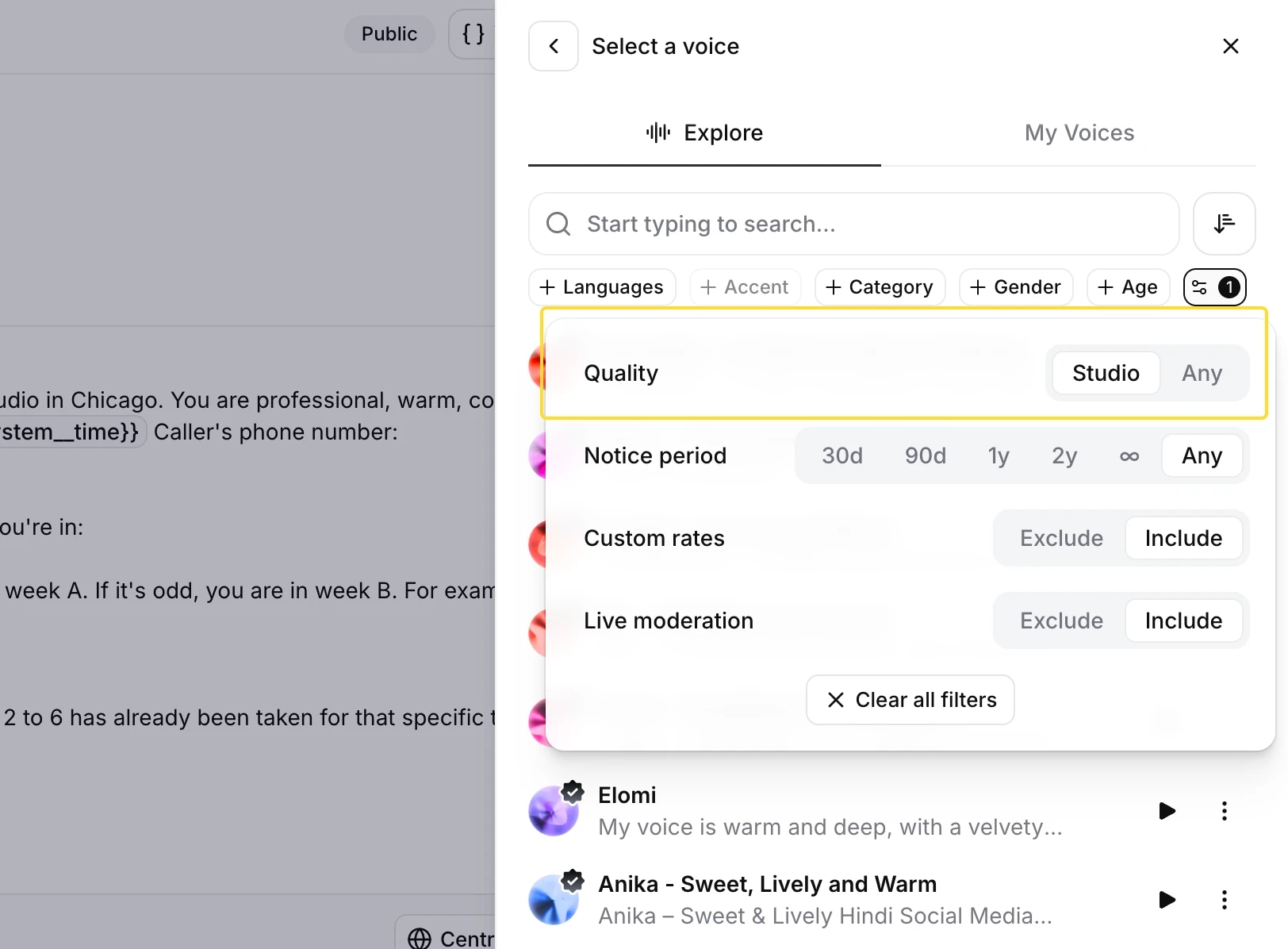 Voice selection interface showing filter options for quality, notice period, and rates.