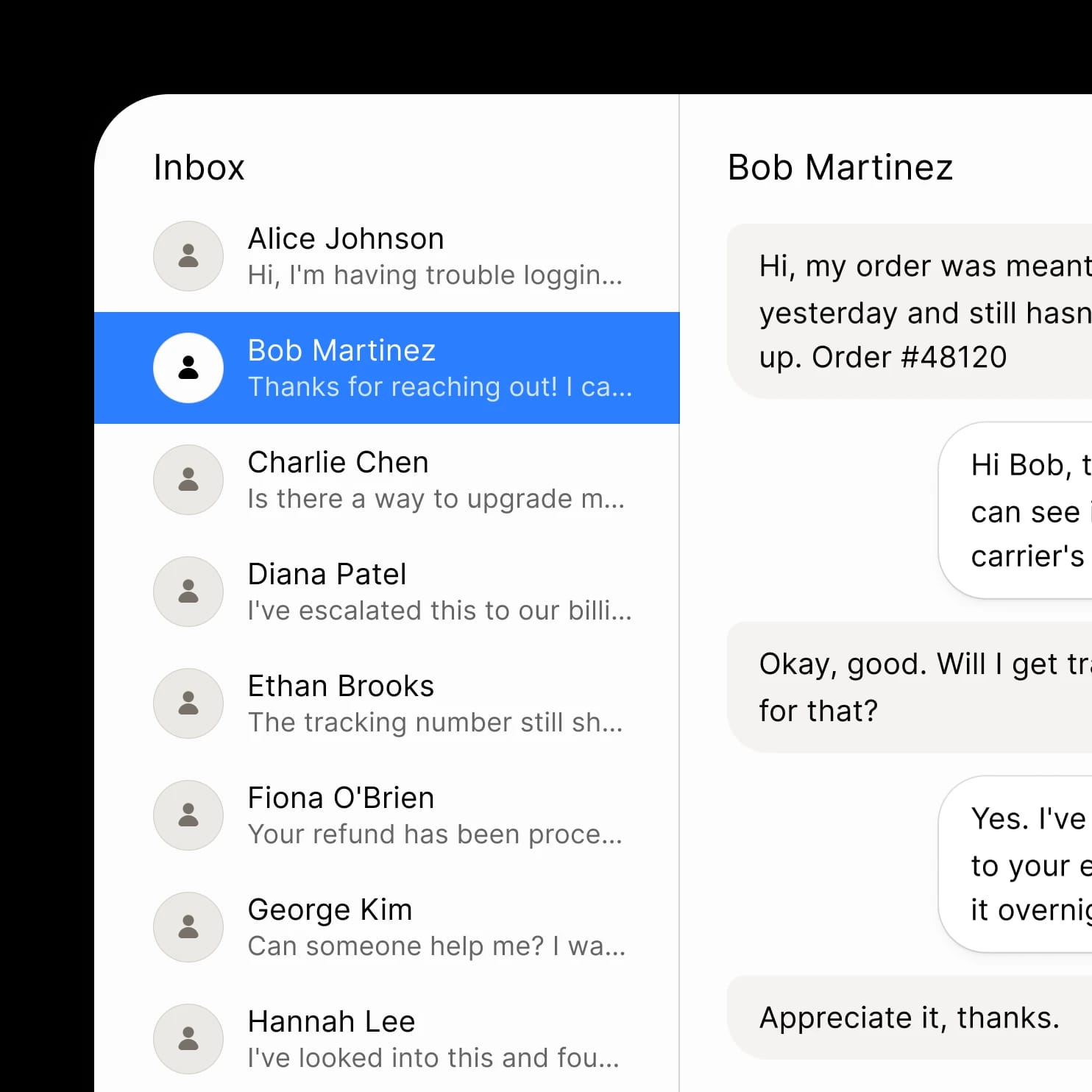 Email interface showing a conversation with Bob Martinez about a delayed order.