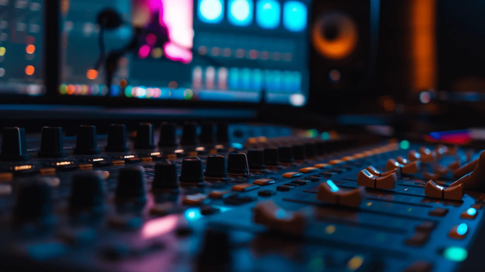 Close-up of a music mixing console with colorful lights and a blurred computer screen in the background.