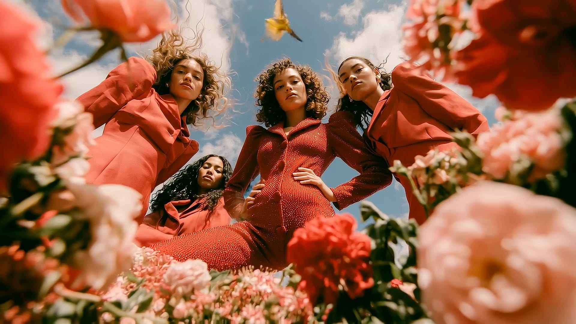 Low-angle shot looking up at four fashion models wearing bold red suits, standing amidst pink and red roses. A small yellow bird flies past against a blue sky with soft white clouds.