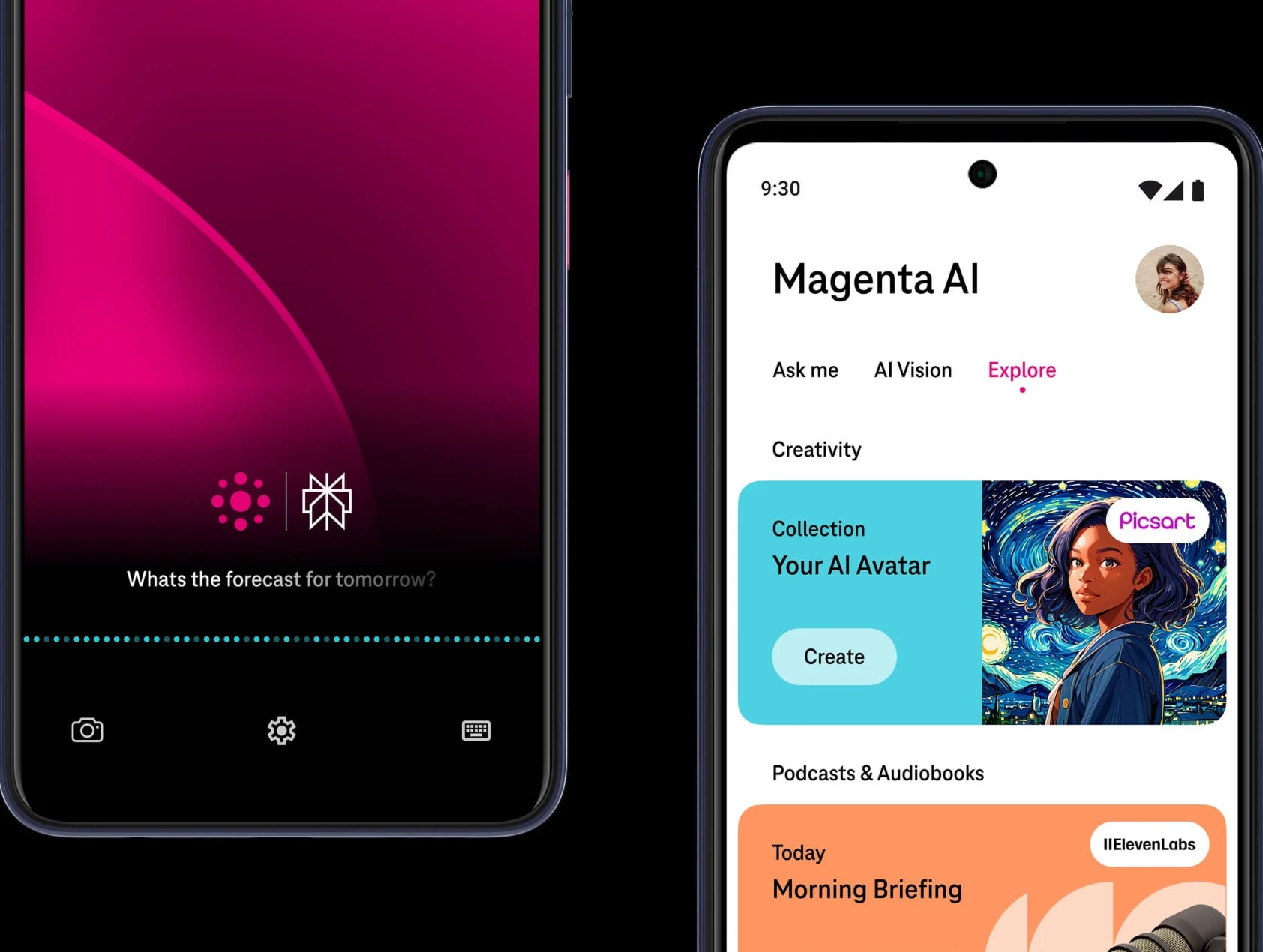 Screenshots of two smartphones displaying different app interfaces, one with a weather forecast and the other with a personalized AI and podcast content.
