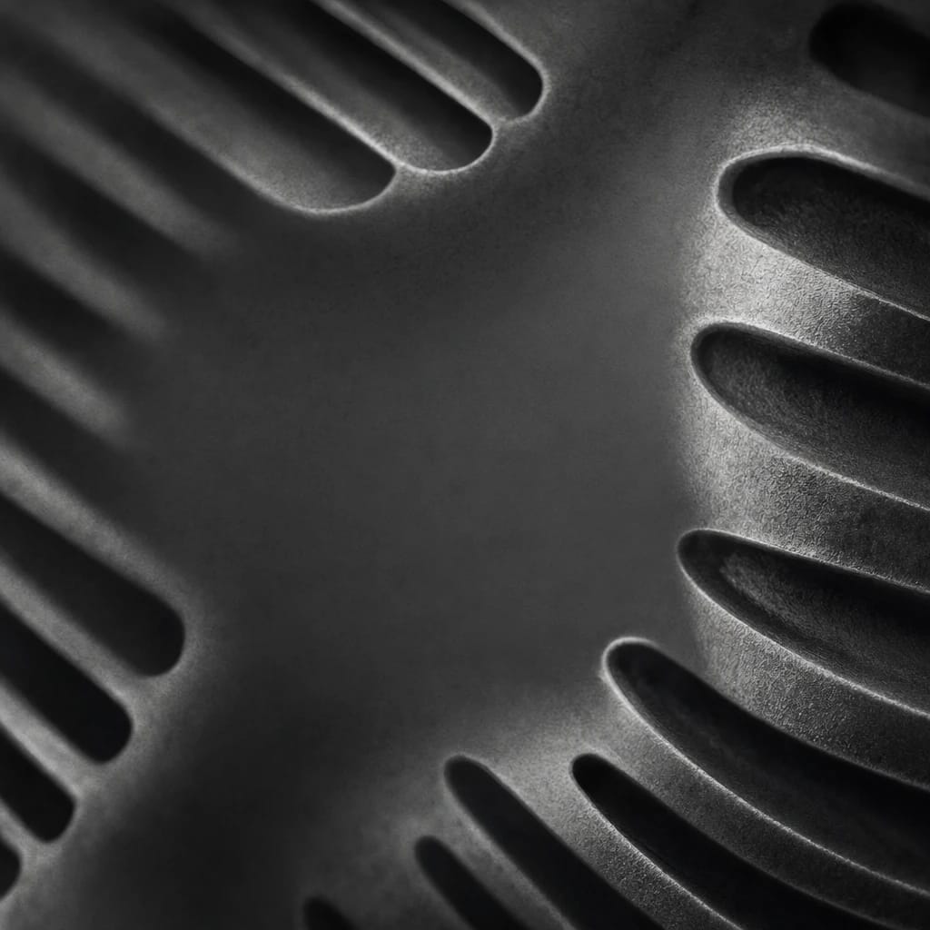 Stylized scene featuring close-up of a vintage metal broadcast microphone grill, rendered in charcoal gray #41454A