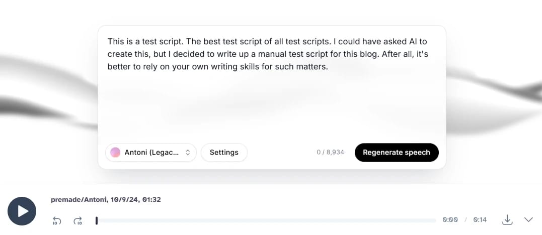 Screenshot of a text-to-speech interface with a script and a "Regenerate speech" button.
