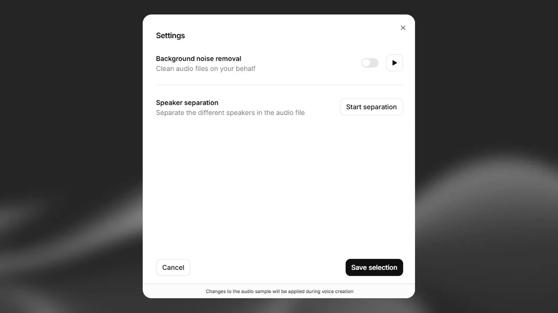 Audio settings panel with options for noise removal and speaker separation. Save or cancel changes.