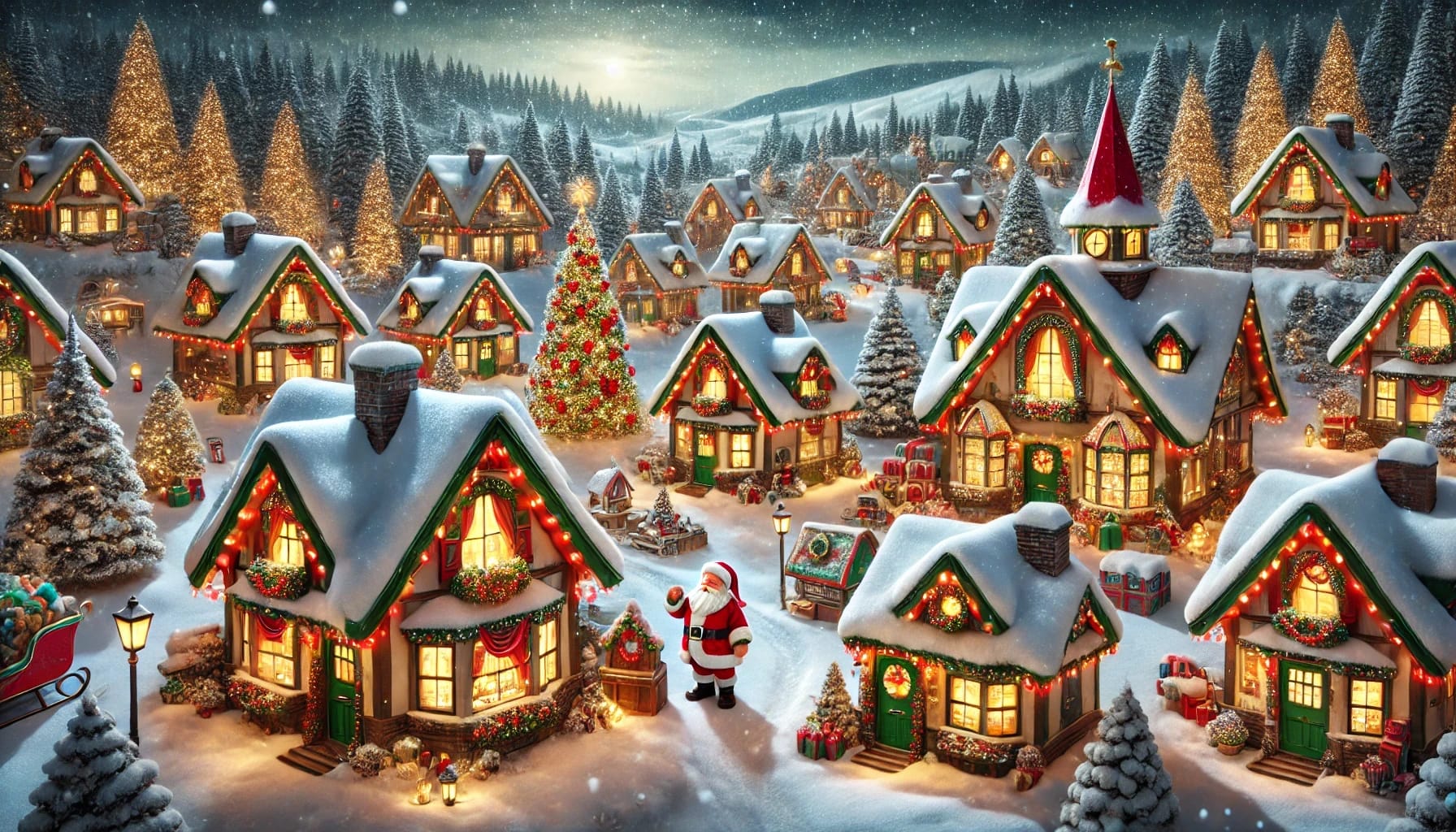 A snowy Christmas village with decorated houses, a Christmas tree, and Santa Claus.