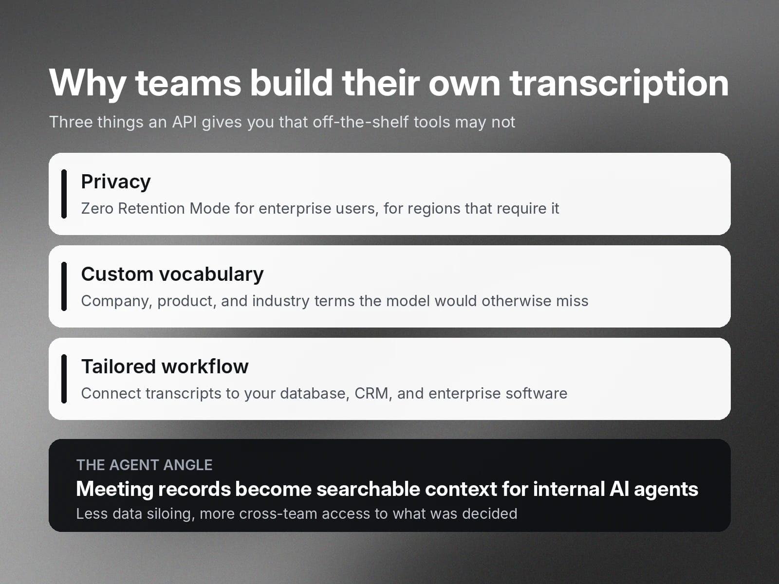 Why teams build custom meeting transcription API: privacy, vocabulary, workflow, and searchable AI context.