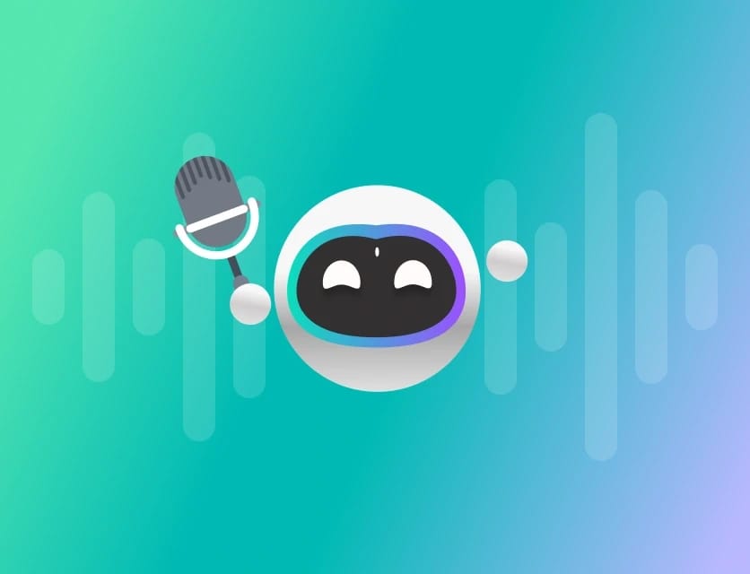 A cute robot with a smiling face holding a microphone, set against a colorful gradient background with sound wave patterns.