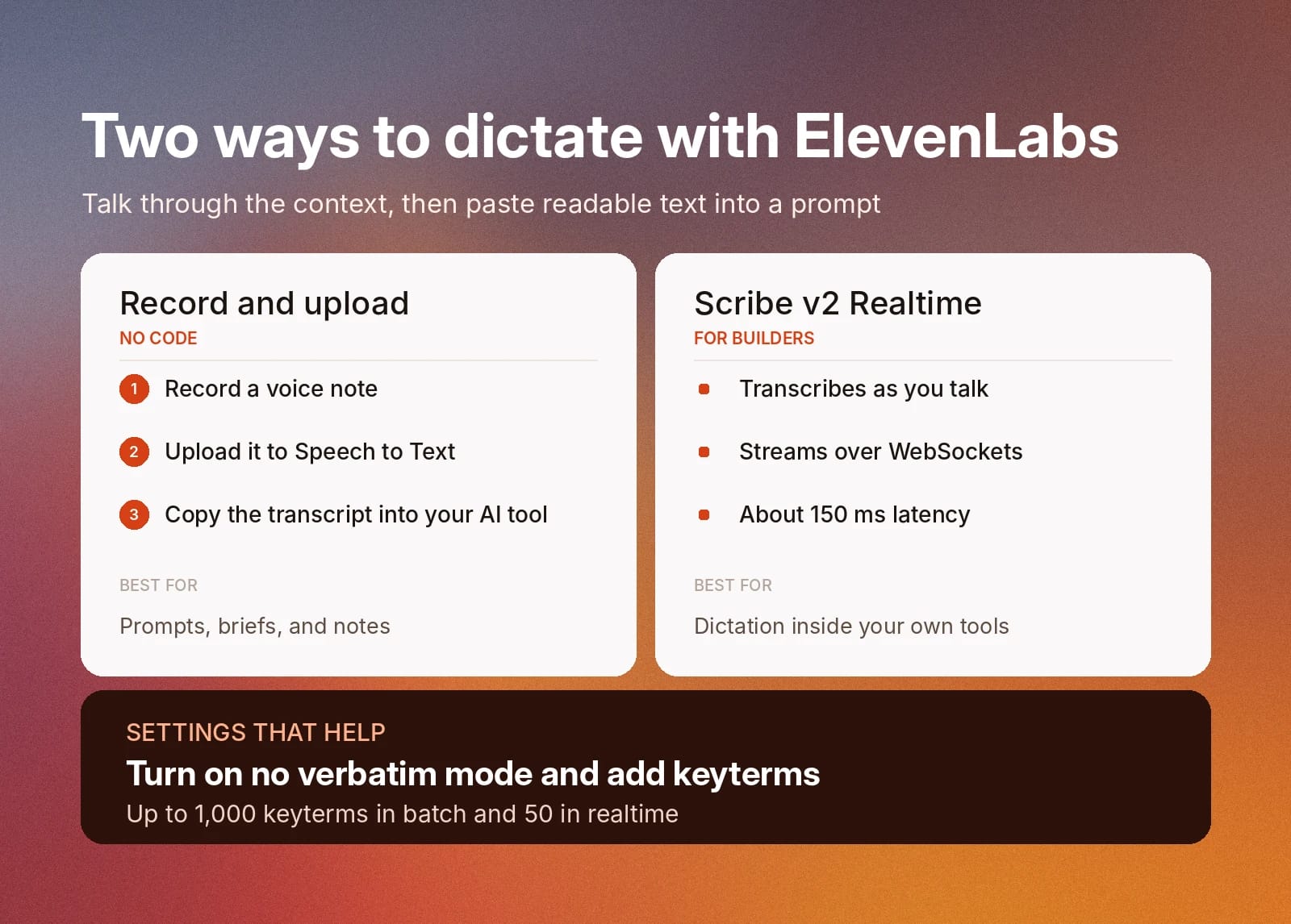 ElevenLabs dictation options: upload recordings or use Scribe v2 Realtime with keyterms.