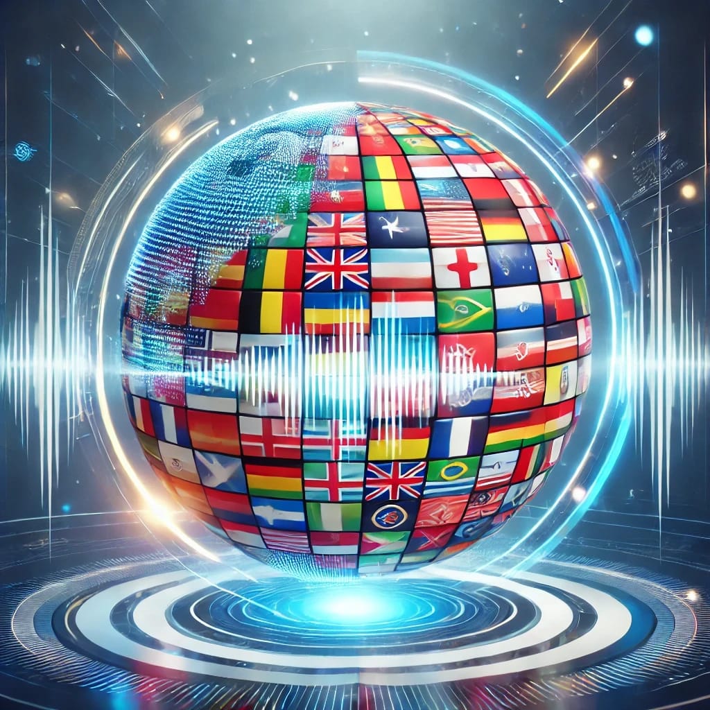 A digital globe made up of international flags, surrounded by futuristic light effects and holographic elements.