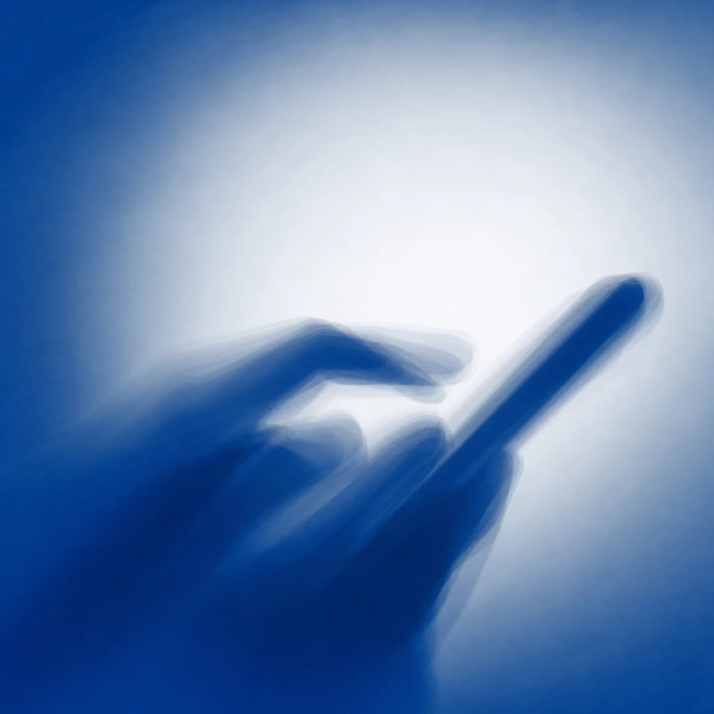 Stylized scene featuring dynamic, cropped silhouette of a hand gesturing to a smartphone, rendered in deep cobalt #173E8F