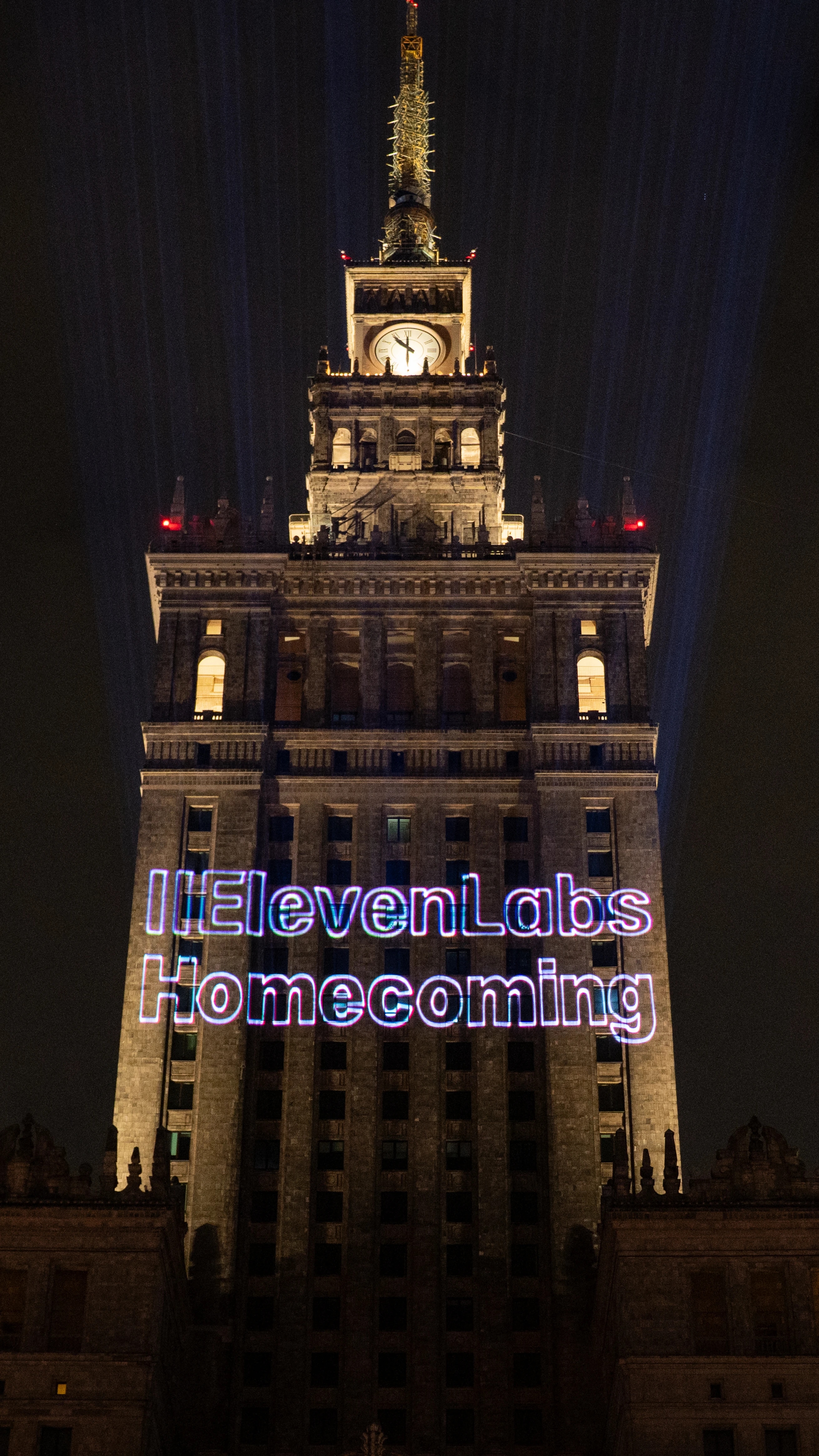 ElevenLabs Homecoming projected onto the Palace of Culture and Science