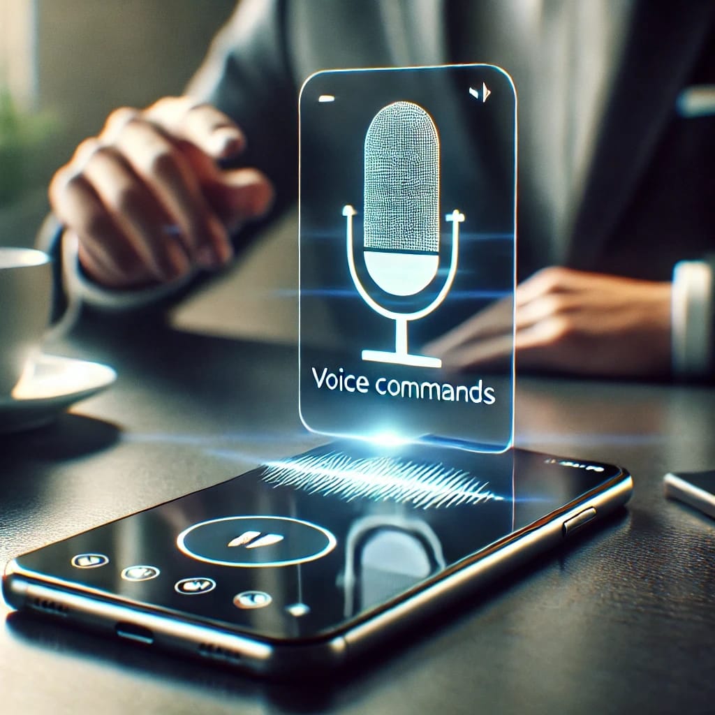 Smartphone with a holographic display showing voice command icon and text.