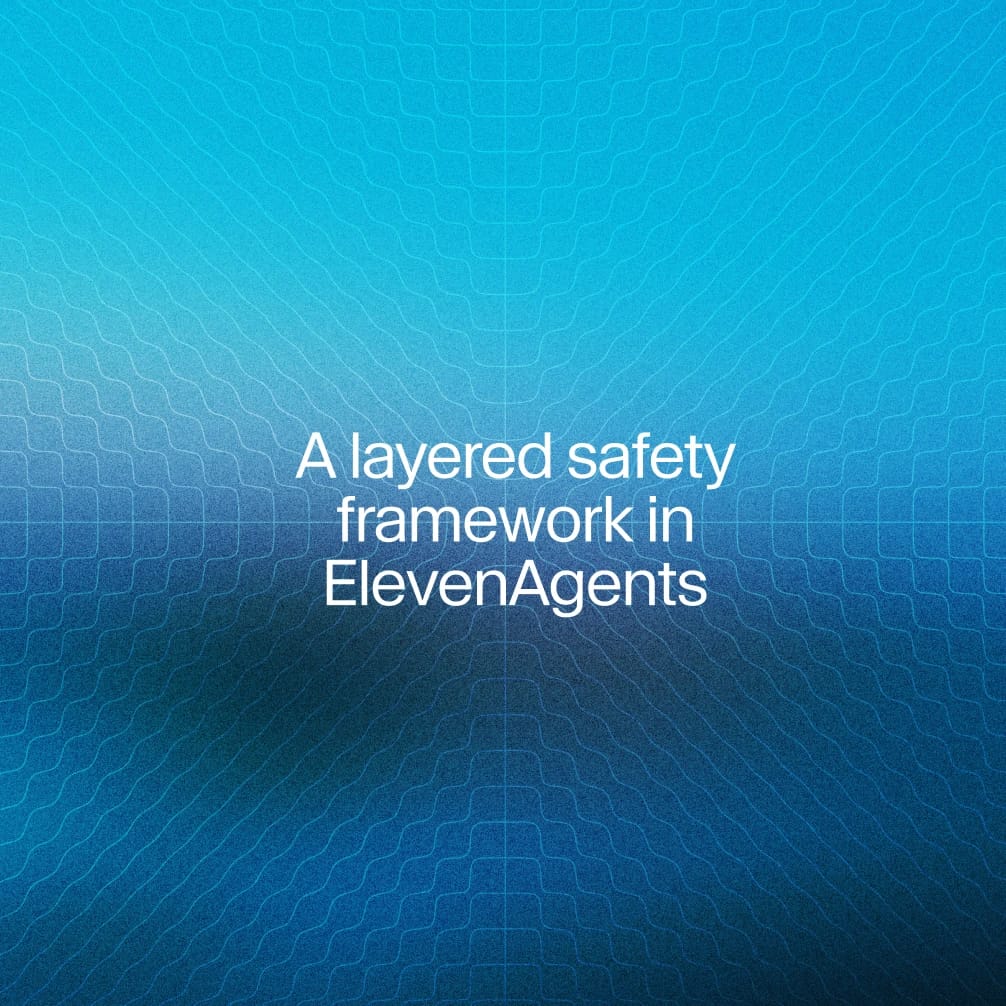 Text stating "A layered safety framework in ElevenAgents" on a textured blue background.