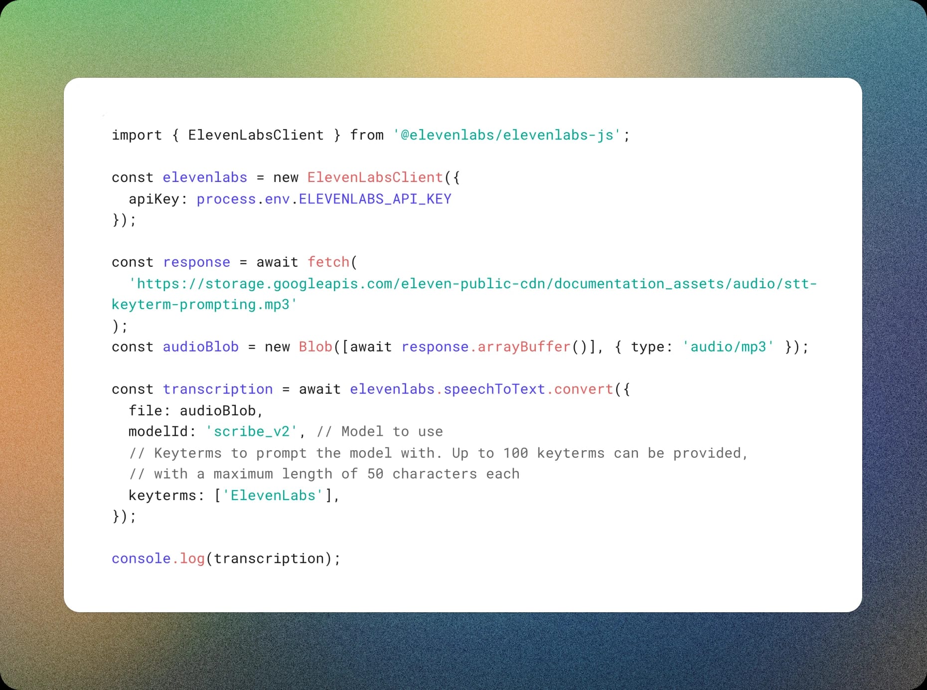 Scribe v2 Keyterm prompting code snippet
