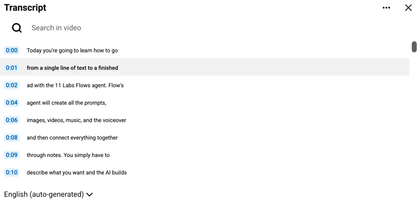 Transcript interface showing text for creating an ad with AI tools.