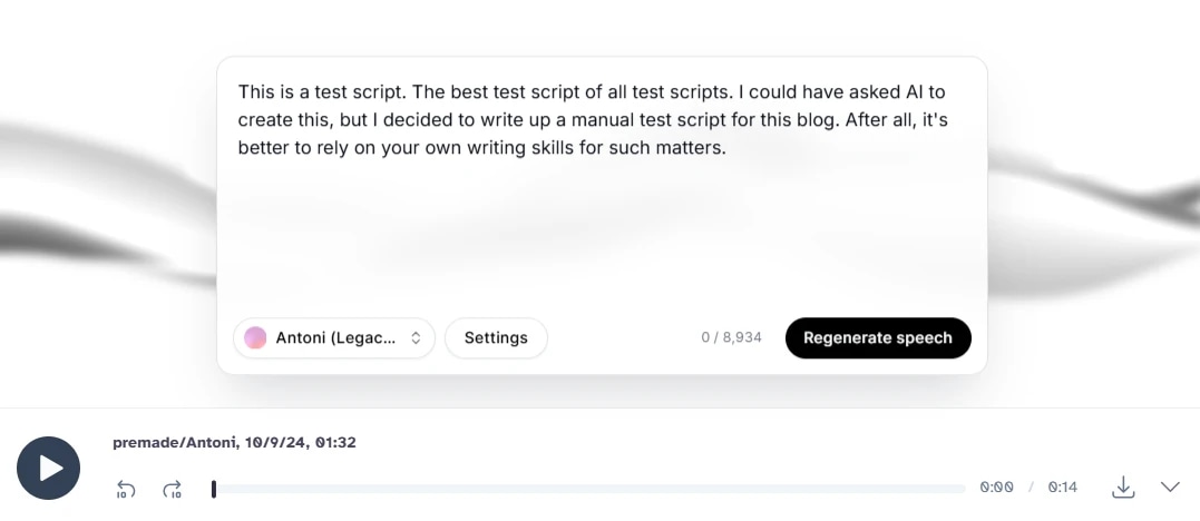 Screenshot of a text-to-speech interface with a script about writing a manual test script, a play button, and a speech progress bar.