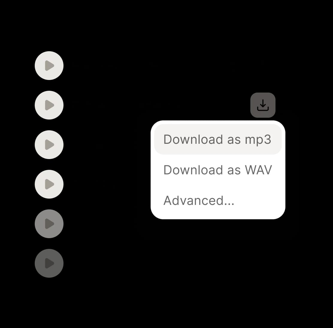 Audio download options for a playlist, with formats MP3 and WAV.