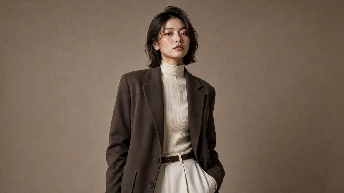 A woman in an oversized brown blazer and cream turtleneck in a warm studio portrait