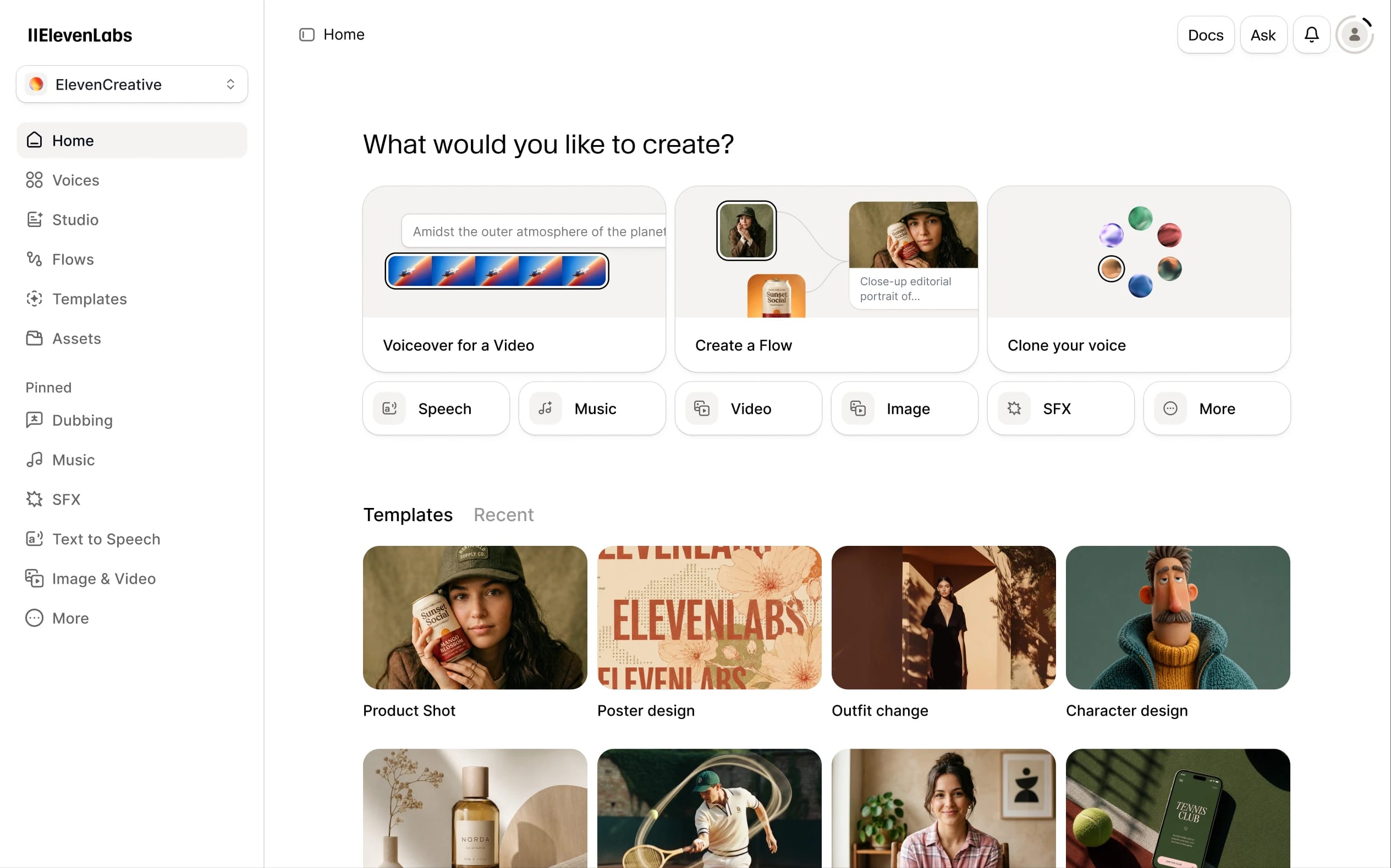 ElevenCreative app interface showing options for voiceover, flow creation, and voice cloning.