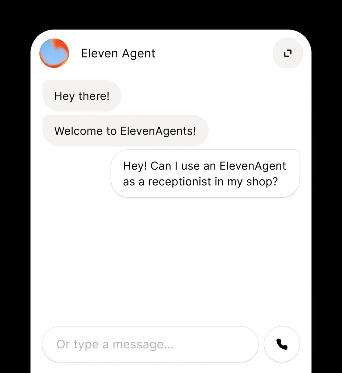 Chat interface showing a conversation between a user and Eleven Agent about using it as a receptionist.