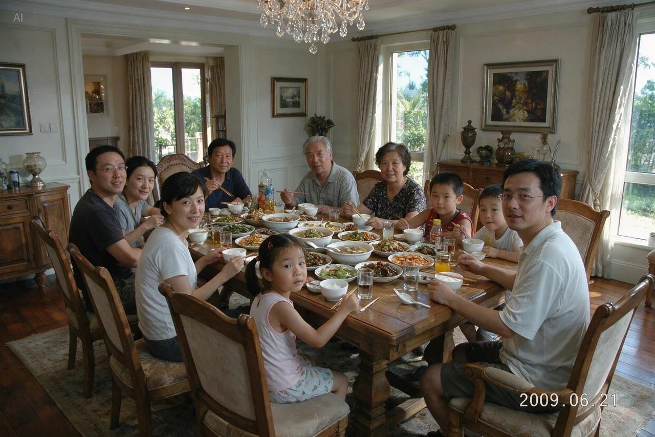 Generate a photo of a family of 11 sitting together for a meal in a large villa. Everyone is looking at the camera. Add a timestamp in the bottom-right corner: 2009.06.21.