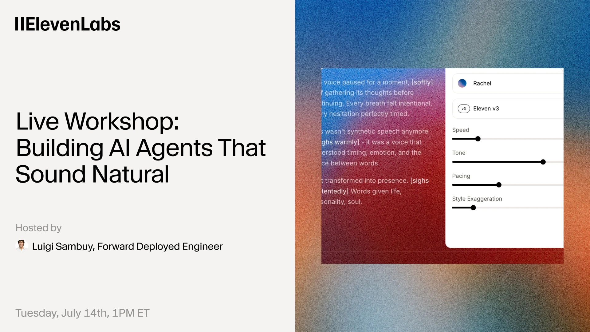 ElevenLabs workshop on building natural-sounding AI agents, hosted by Luigi Sambuy.