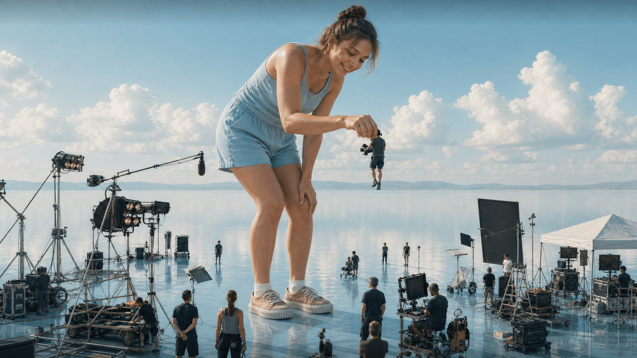 The overall mood is bright, surreal, and slightly whimsical. The setting is an outdoor, open environment with a vast, reflective surface, resembling a calm body of water or a salt flat, under a clear sky with scattered white clouds. The activity level is static, depicting a paused moment of a film production. The visual style is realistic with a strong element of fantastical scale. The emotional tone is curious and lighthearted, given the subject's expression and the unusual scenario. The primary subject is a giant woman, smiling and looking down at a tiny cameraman she's seemingly interacting with. Surrounding her are numerous miniature film crew members and various pieces of film equipment, including cameras on dollies, large lights on stands, reflectors, and tents, all appearing tiny in comparison to the woman. The artistic style is photorealism with a creative, imaginative twist. The color characteristics are cool tones dominated by blues and whites, with natural lighting. The color palette primarily consists of sky blue, white, and muted earth tones from the equipment and clothing.