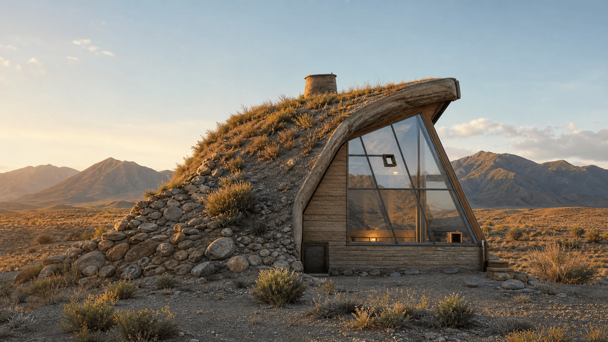 This video presents a serene and contemplative atmosphere, showcasing a unique earth-sheltered home nestled in a vast, arid desert landscape. The setting is outdoor, featuring distant mountains under a clear, warm-toned sky, suggesting either sunrise or sunset. The video is static, focusing on the architectural details of the hobbit-like dwelling, which features a large, angular glass window and a stone-covered, grass-roofed exterior. The visual style is realistic and artistic, emphasizing the integration of modern design with natural elements. The emotional tone is peaceful and slightly mysterious, highlighting the solitude and ingenuity of the structure. The main subject is the eco-friendly house, surrounded by sparse desert vegetation and dry earth. The artistic style leans towards photorealism with a touch of architectural photography. The color characteristics are warm and earthy, dominated by hues of brown, tan, and faded green, with soft orange and blue tones in the sky, creating a muted yet inviting palette.